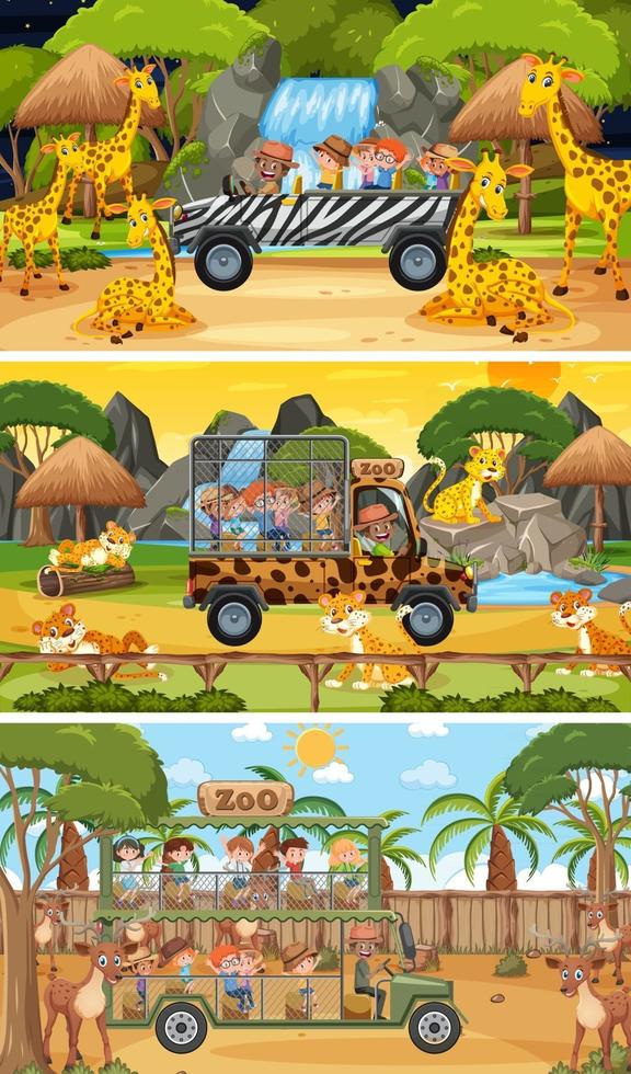 set van verschillende safari horizontale scènes met dieren en kinderen stripfiguur vector