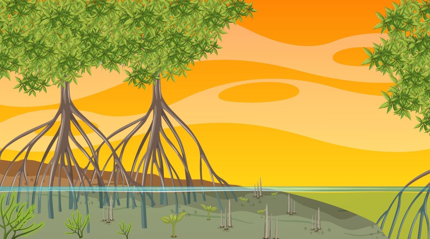 natuurscène met mangrovebos in zonsondergangtijd in beeldverhaalstijl vector