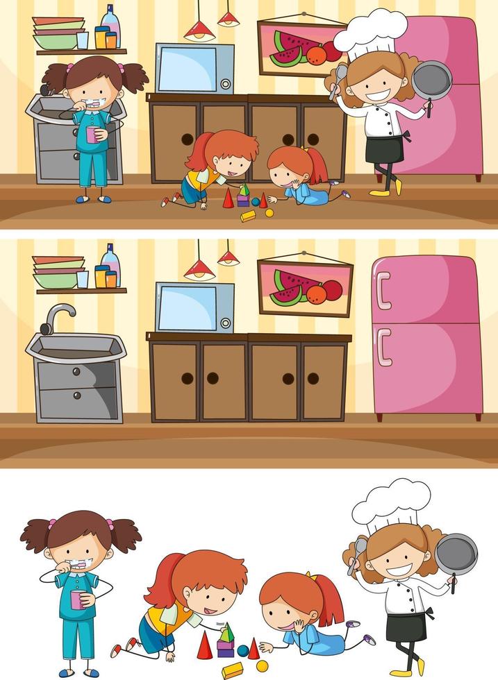 set van verschillende horizontale keukenscènes met doodle kinder stripfiguur vector