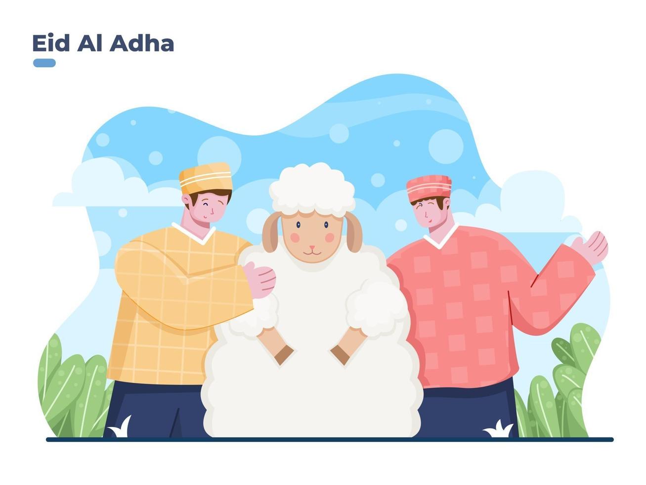 gelukkige eid al adha platte vectorillustratie met moslim persoon knuffelen schapen dier. offer festival islamitische religie traditie. geschikt voor wenskaart, postkaart, spandoek, poster. vector