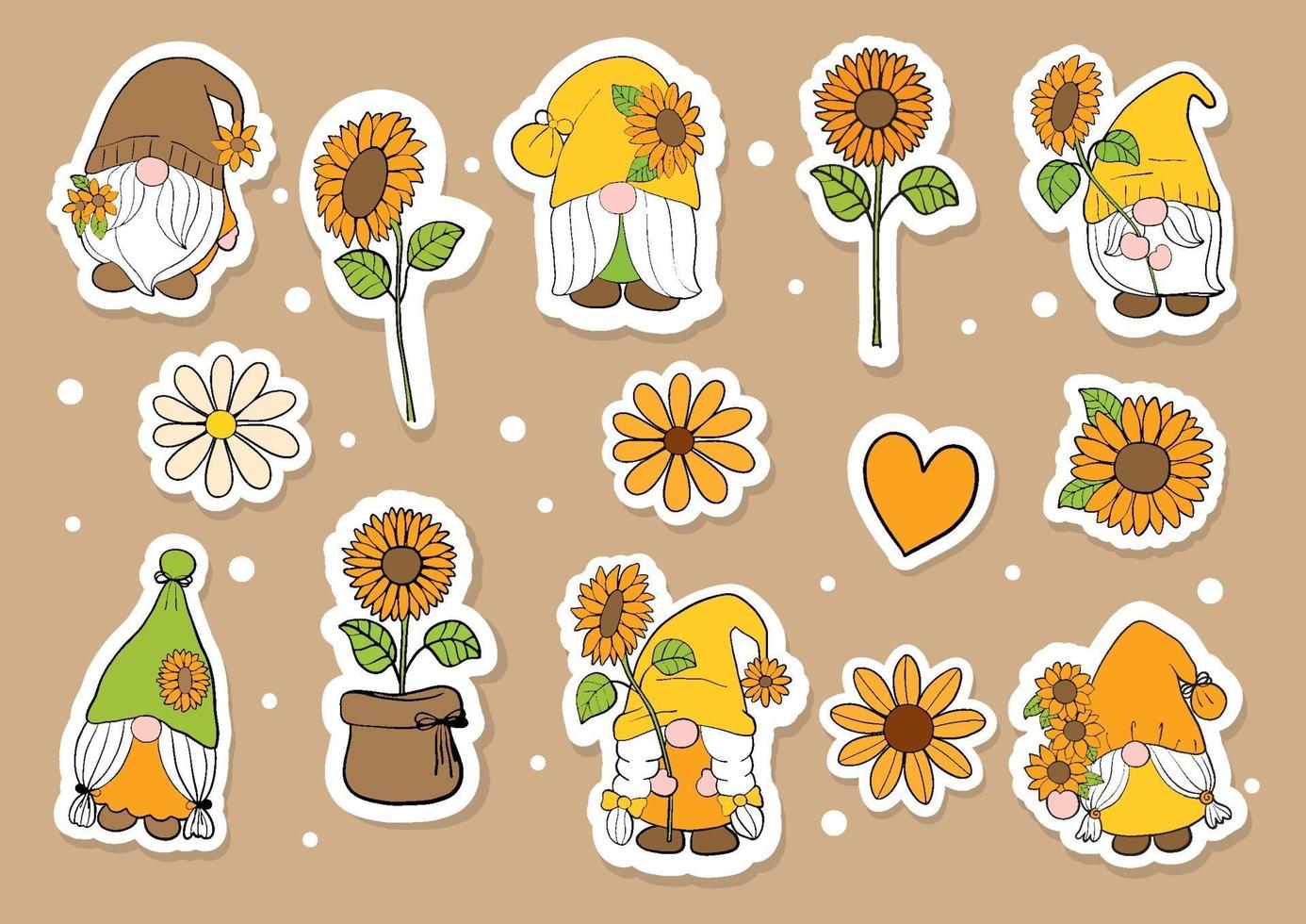 aquarel zonnebloem kabouters sticker, planner. digitaal schilderij. vector