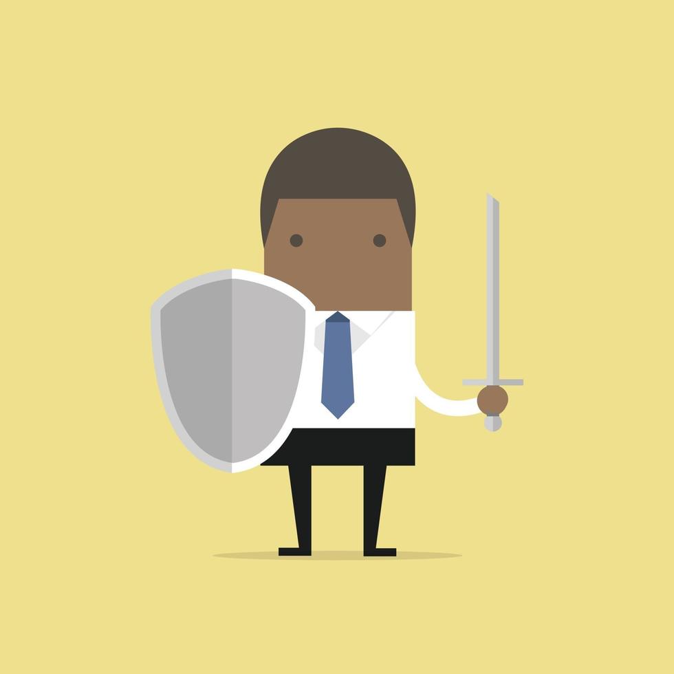 Afrikaanse zakenmanstrijder met schild en zwaard. vector