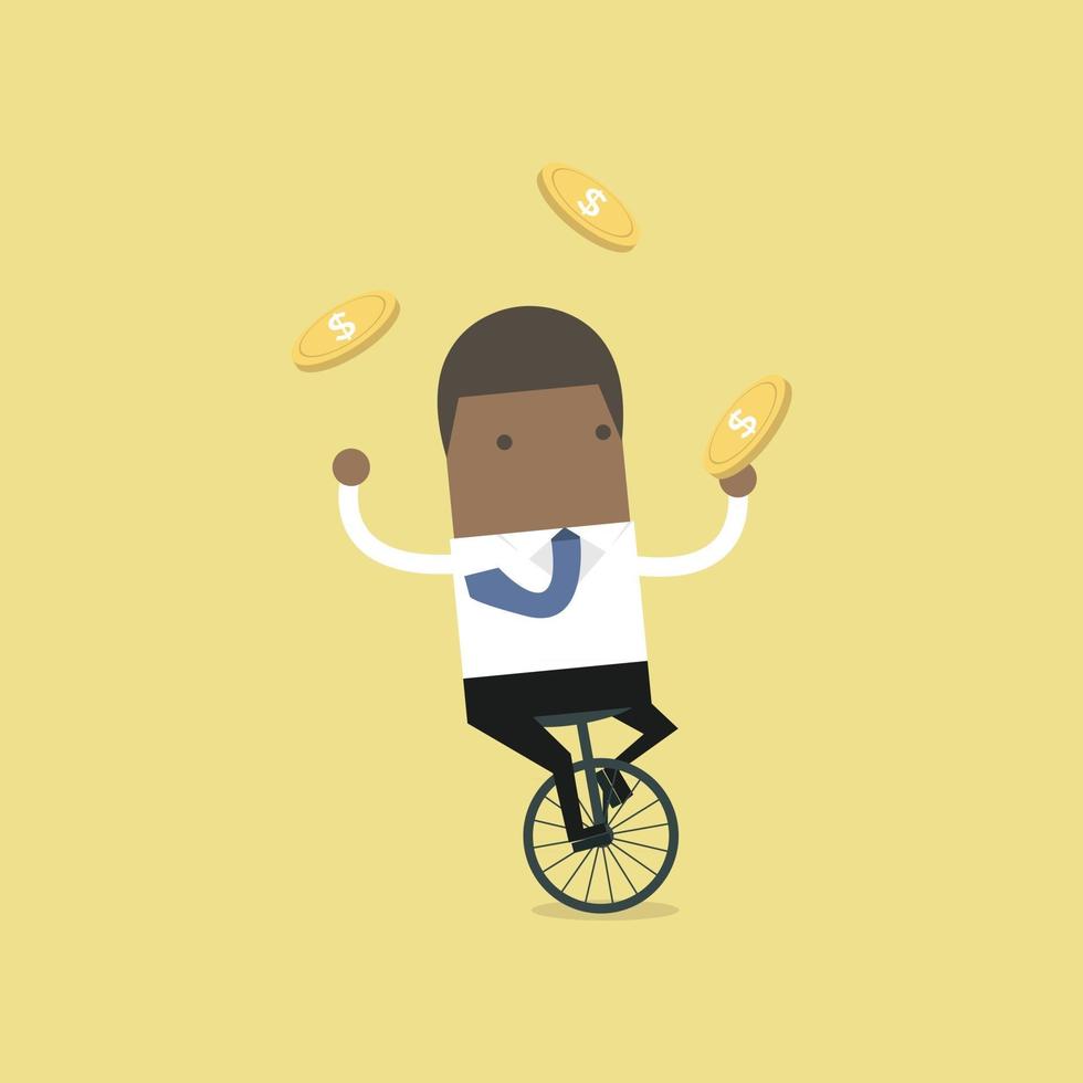 Afrikaanse zakenman jongleren met munt tijdens het fietsen. vector