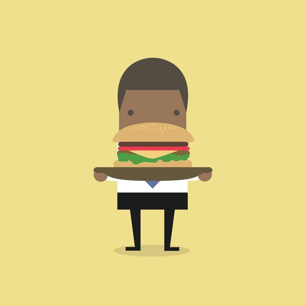 afrikaanse zakenman die een grote hamburger draagt. vector