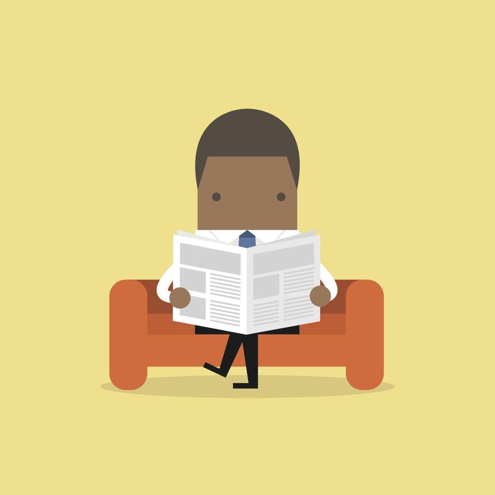 afrikaanse zakenman die een krant leest op de bank in de kamer en op kantoor. vector