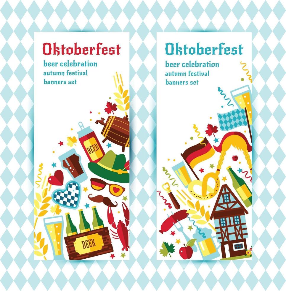 platte ontwerp vector banners set met oktoberfest viering symbolen. Oktoberfest viering ontwerp met Beierse hoed en herfst en Duitsland symbolen.