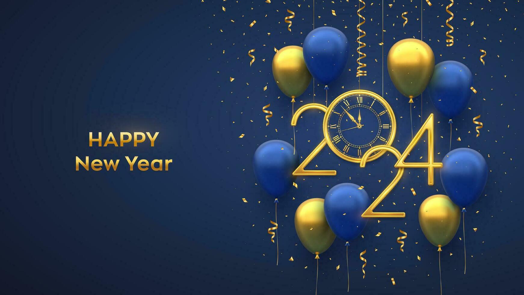 gelukkig nieuw 2024 jaar. hangende gouden metalen getallen 2024, kijk maar met Romeins cijfer en countdown middernacht met 3d feestelijk helium ballonnen en vallend confetti Aan blauw achtergrond. vector illustratie.