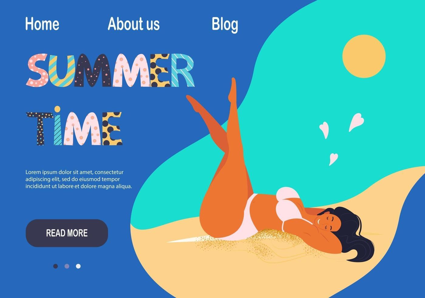 zomertijd banner voor websites, meisje zonnebaden op het strand vectorillustratie in vlakke stijl. sjabloon voor spandoek of poster in cartoonstijl vector