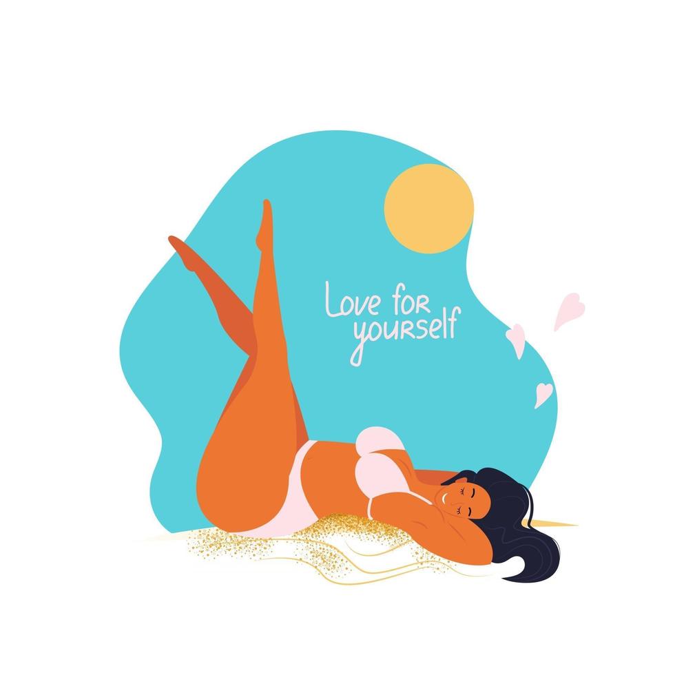 positief lichaam, meisjesmaat xl in een badpak zonnebaadt, vectorillustratie in vlakke stijl, tekenfilm vector