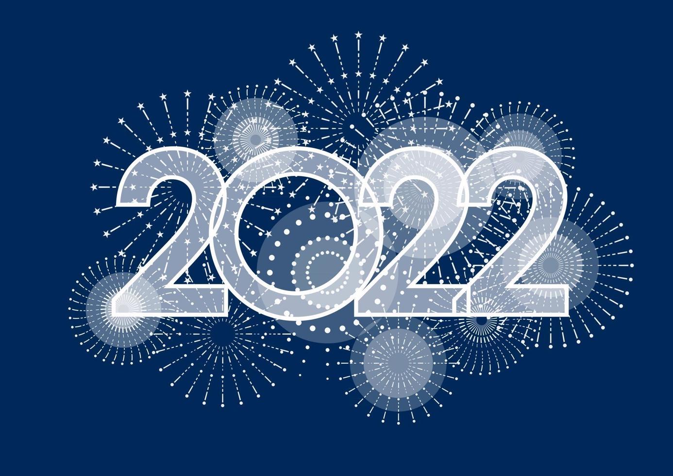 het jaar 2022-logo en vuurwerk om het nieuwe jaar te vieren. vectorillustratie geïsoleerd op een donkerblauwe achtergrond. vector