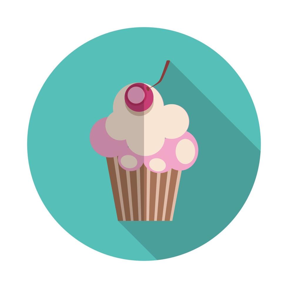 platte ontwerpconcept cupcake met kersen vectorillustratie met lange schaduw vector