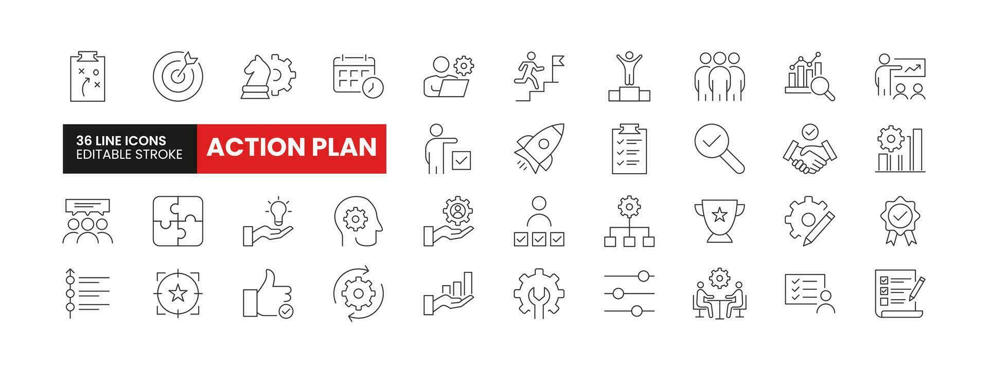 reeks van 36 actie plan lijn pictogrammen set. actie plan schets pictogrammen met bewerkbare beroerte verzameling. omvat controleren, doelstelling, strategie, analyse, schema, en meer. vector