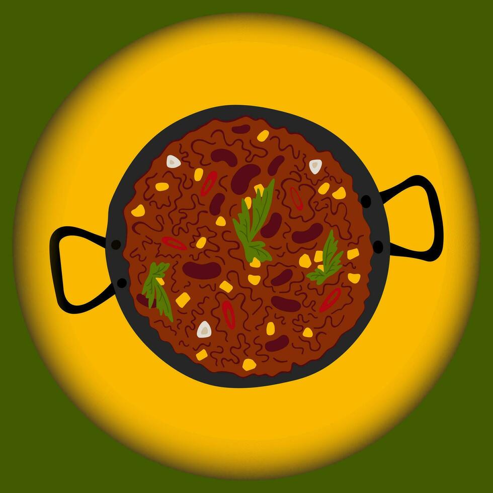 Chili con carne in een gips ijzer pan Aan een papier besnoeiing stijl achtergrond. traditioneel Mexicaans pittig voedsel vector