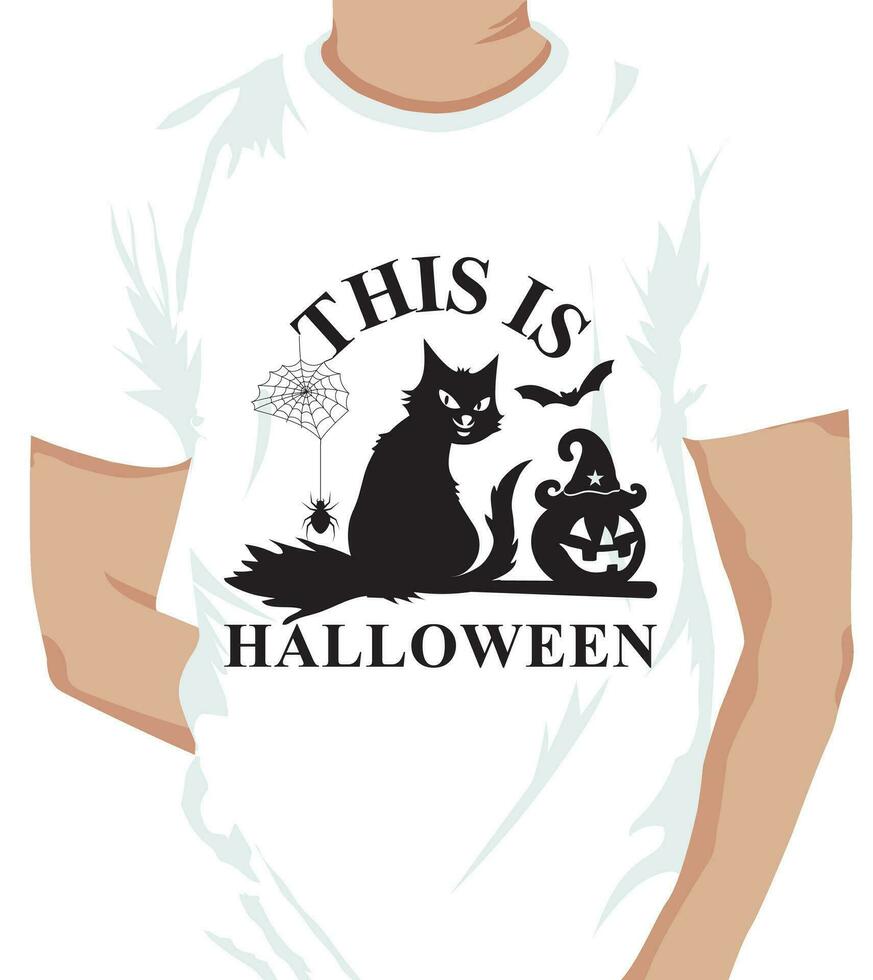 halloween groet kaart met zwart kat en pompoen. deze is halloween belettering woorden. vector illustratie geïsoleerd Aan wit achtergrond, gekleurde typografie poster met huisdier