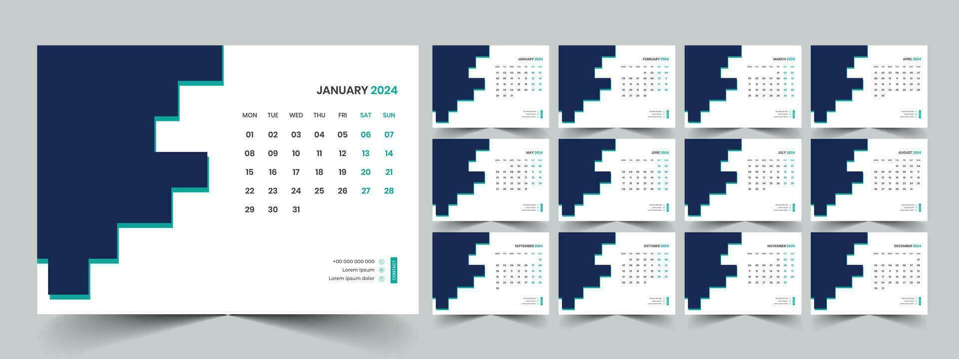 kalender 2024 ontwerper zakelijke sjabloon ontwerp set. week begint Aan maandag. sjabloon voor jaar- kalender 2024 vector