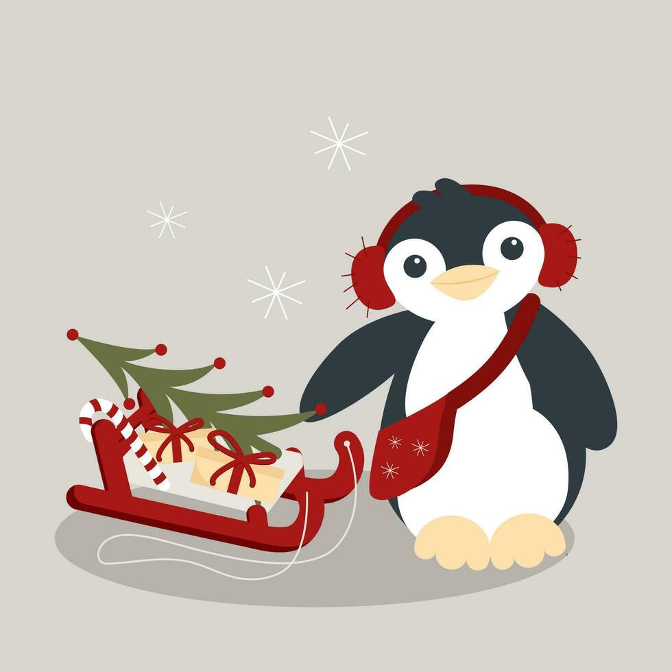 vector schattig Kerstmis weinig pinguïn met koptelefoon, tas, presenteert en Kerstmis boom Aan een slee illustratie.