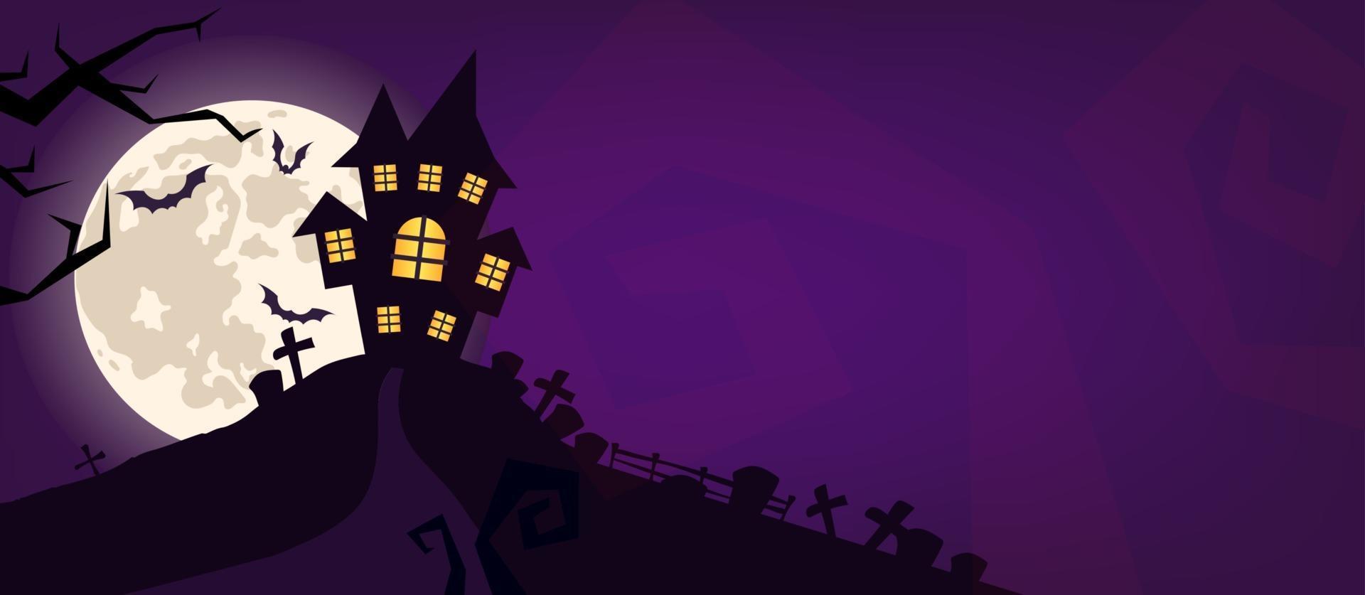 halloween enge vector achtergrond. spookachtig kerkhof en spookhuis 's nachts cartoon afbeelding. horror maan, vleermuizen en graven silhouetten griezelige achtergrond. helloween gotisch panorama met begraafplaats