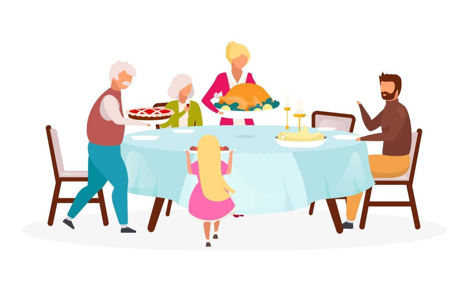 thanksgiving day platte vectorillustratie. herfstvakantie feest. jaarlijkse feestmaaltijd. samen de oogst vieren. familiediner met kalkoen geïsoleerd stripfiguur op witte achtergrond vector