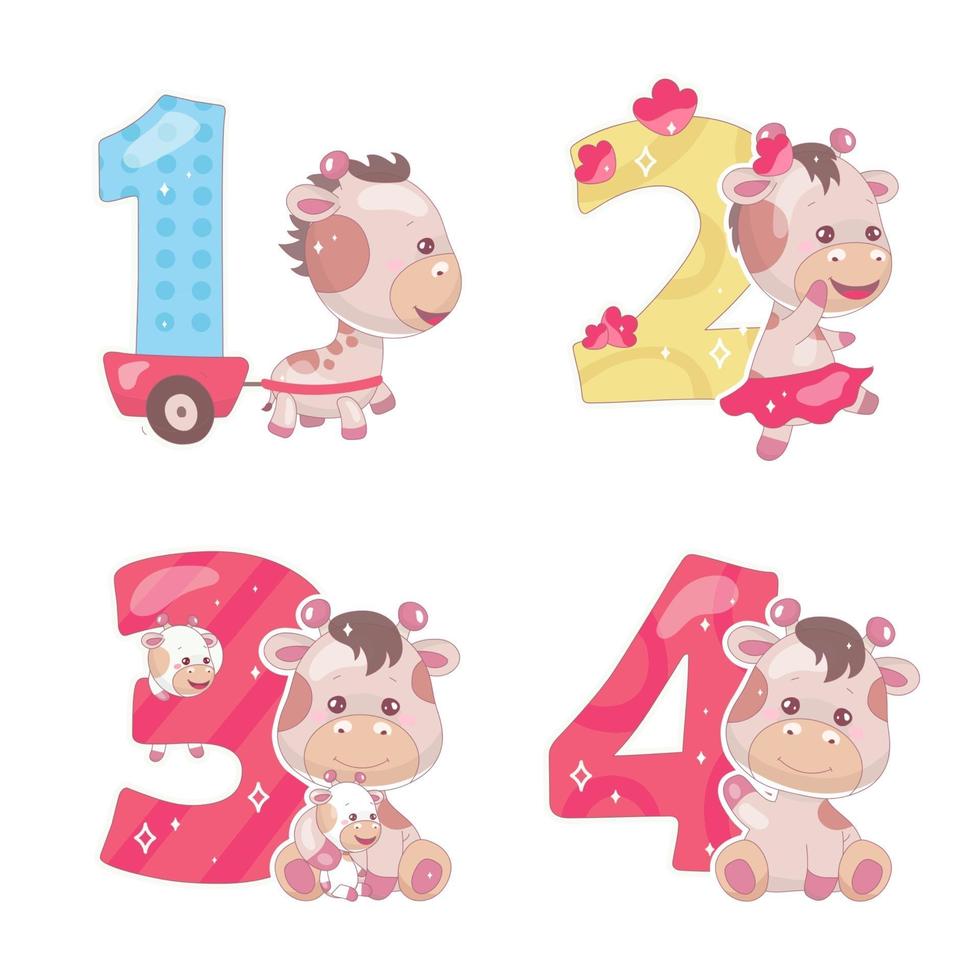 schattige nummers met baby giraffe cartoon illustraties set. school wiskunde grappige lettertype symbolen en kawaii dieren karakters. plakboekstickers voor kinderen. collectie verjaardags- en jubileumnummers voor kinderen vector