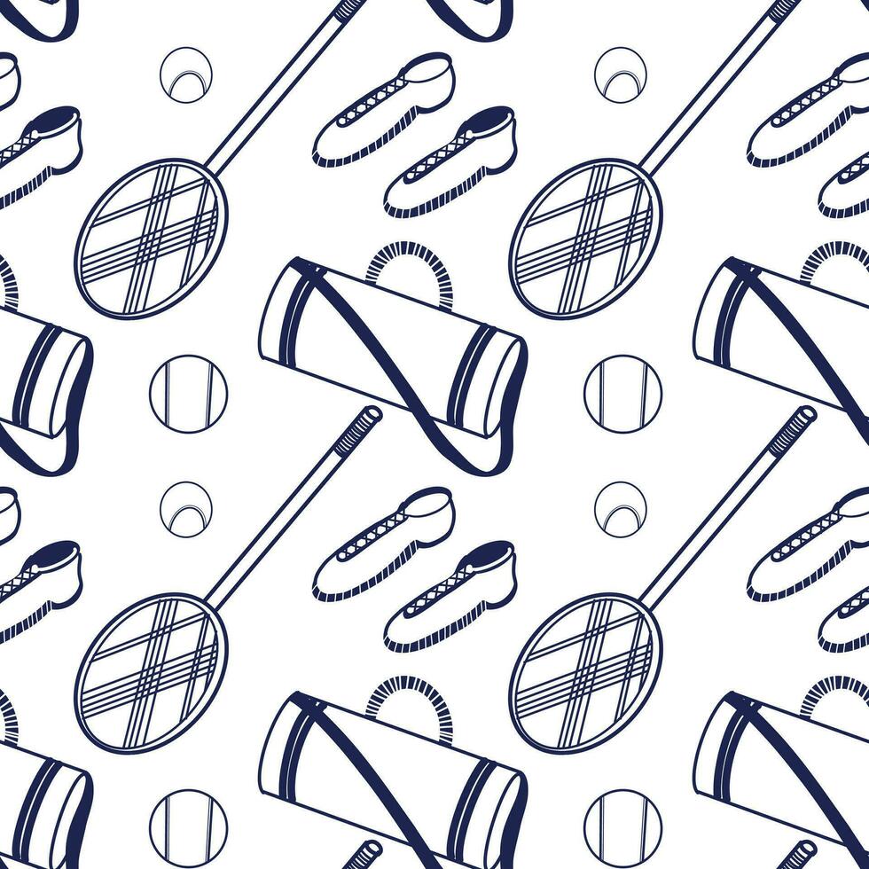 naadloos patroon Aan een wit achtergrond. vector illustratie. sport- uitrusting - tennis racket, tas, ballen, sportschoenen getrokken in vector Aan een tablet in donker blauw. voor afdrukken, ontwerp, creativiteit.