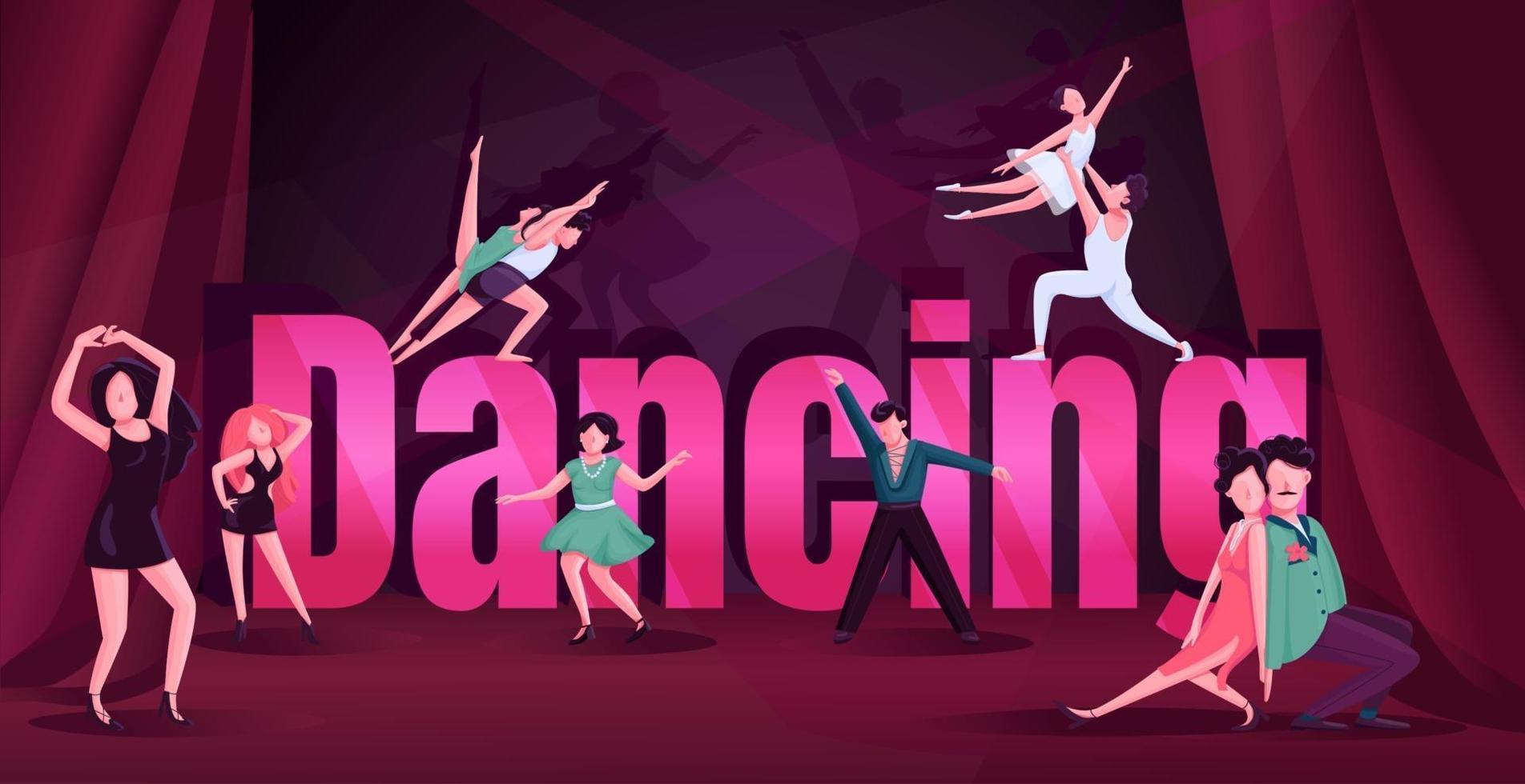 dans woord concepten egale kleur vector banner. contemp, rumba competitie. typografie met kleine stripfiguren. tango, ballet, swing mannelijke en vrouwelijke dansers creatieve illustratie