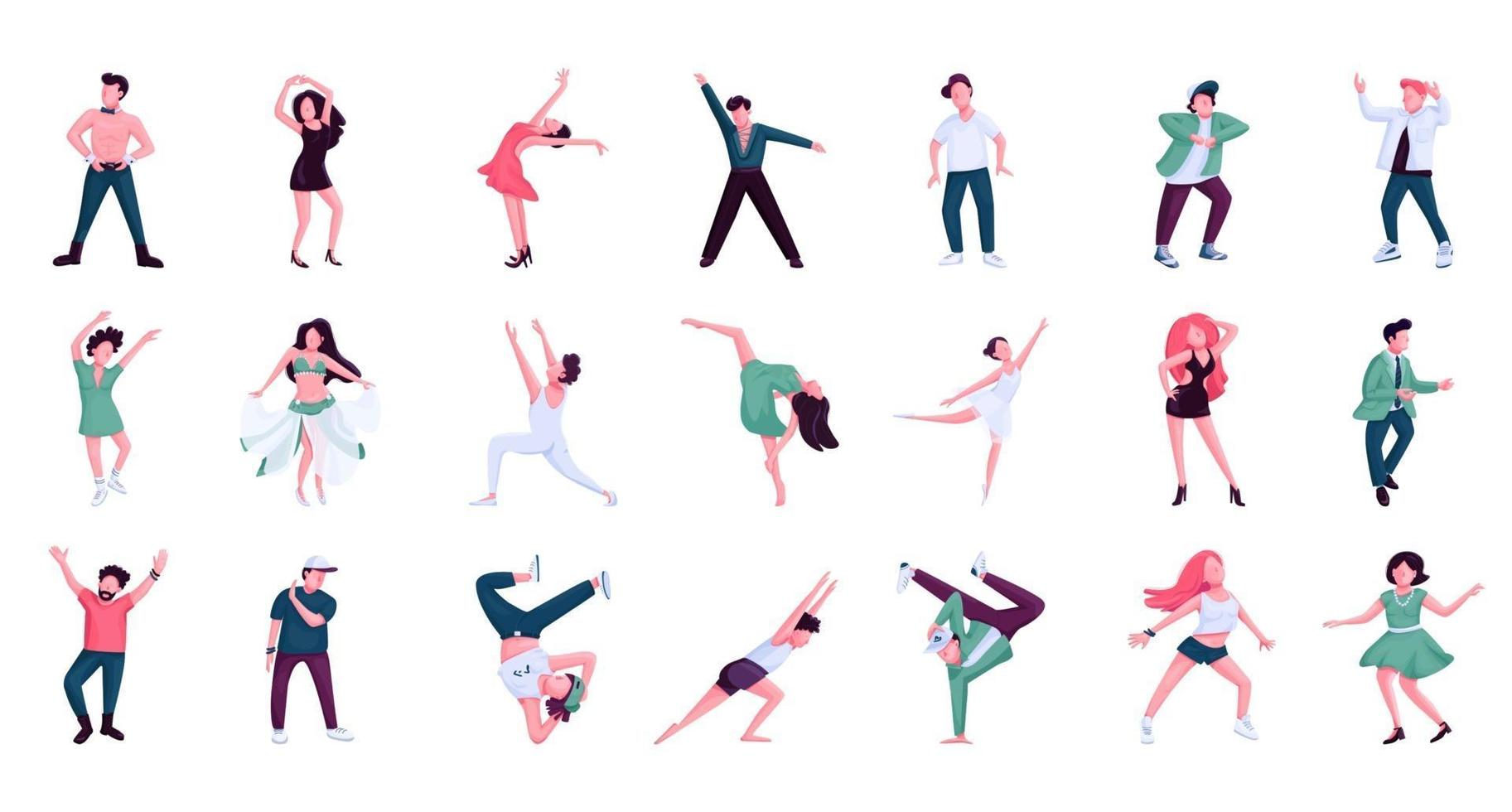 mensen dansen egale kleur vector gezichtsloze tekens set. ballet, hiphop mannelijke en vrouwelijke dansers. historische en hedendaagse dansstijlen geïsoleerde cartoonillustraties op een witte achtergrond