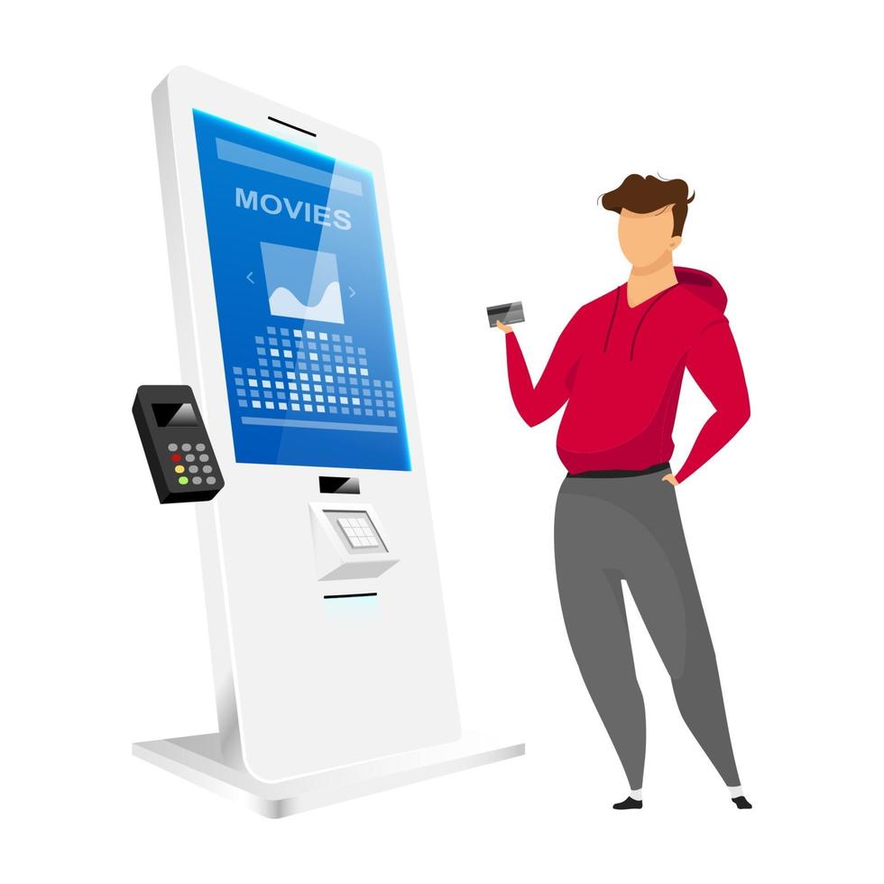 man kopen ticket egale kleur vector gezichtsloos karakter. bioscoop zelfbestelling kiosk geïsoleerde cartoon afbeelding op witte achtergrond. interactief sensorpaneel met terminal. betalingstechnologie