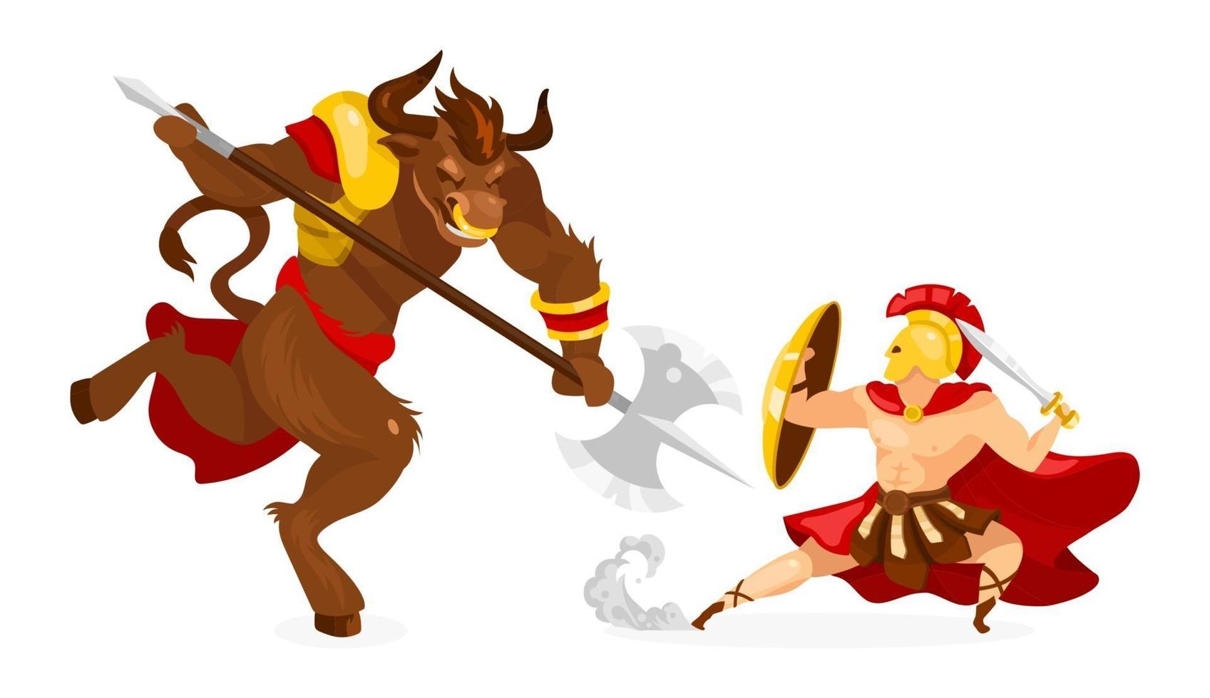 theseus en minotaur platte vectorillustratie. Griekse mythologie. oud verhaal en legende. held vechten mythologisch wezen. krijger met zwaard geïsoleerd stripfiguur op witte achtergrond vector