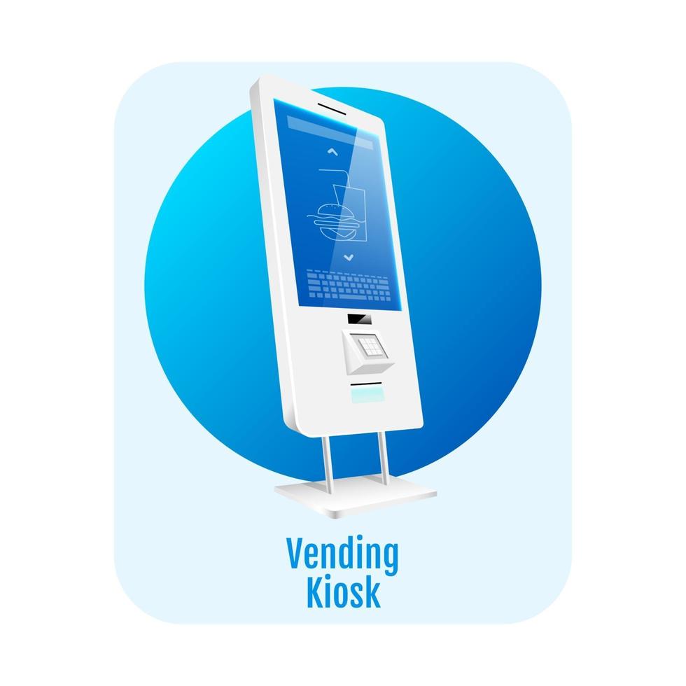 vending kiosk platte concept icoon. zelfbedieningsterminal sticker, clipart. elektronische software met sensorpaneel. restaurant digitale teller geïsoleerde cartoon illustratie op witte achtergrond vector