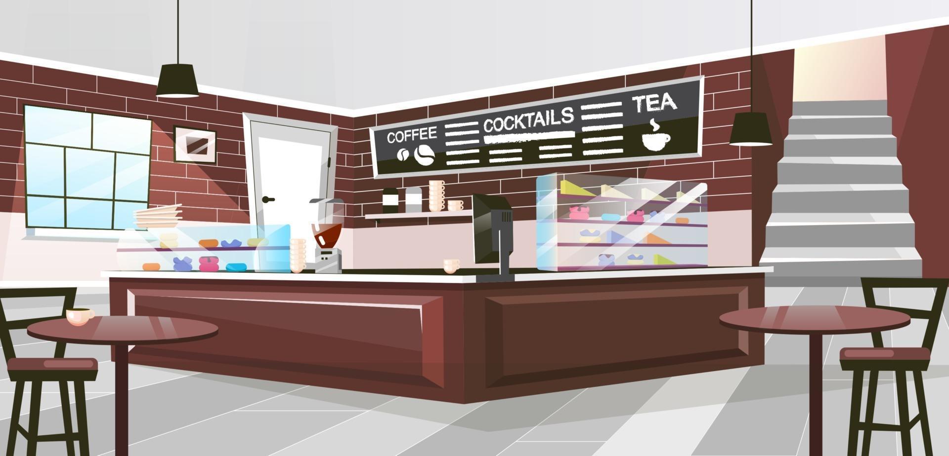 retro restaurant binnen platte vectorillustratie. vintage houten meubelen in ruime hal. bruine toonbank met koffiezetapparaat, glazen vitrines. cartoon café-interieur met krijtbord voor drankenmenu vector