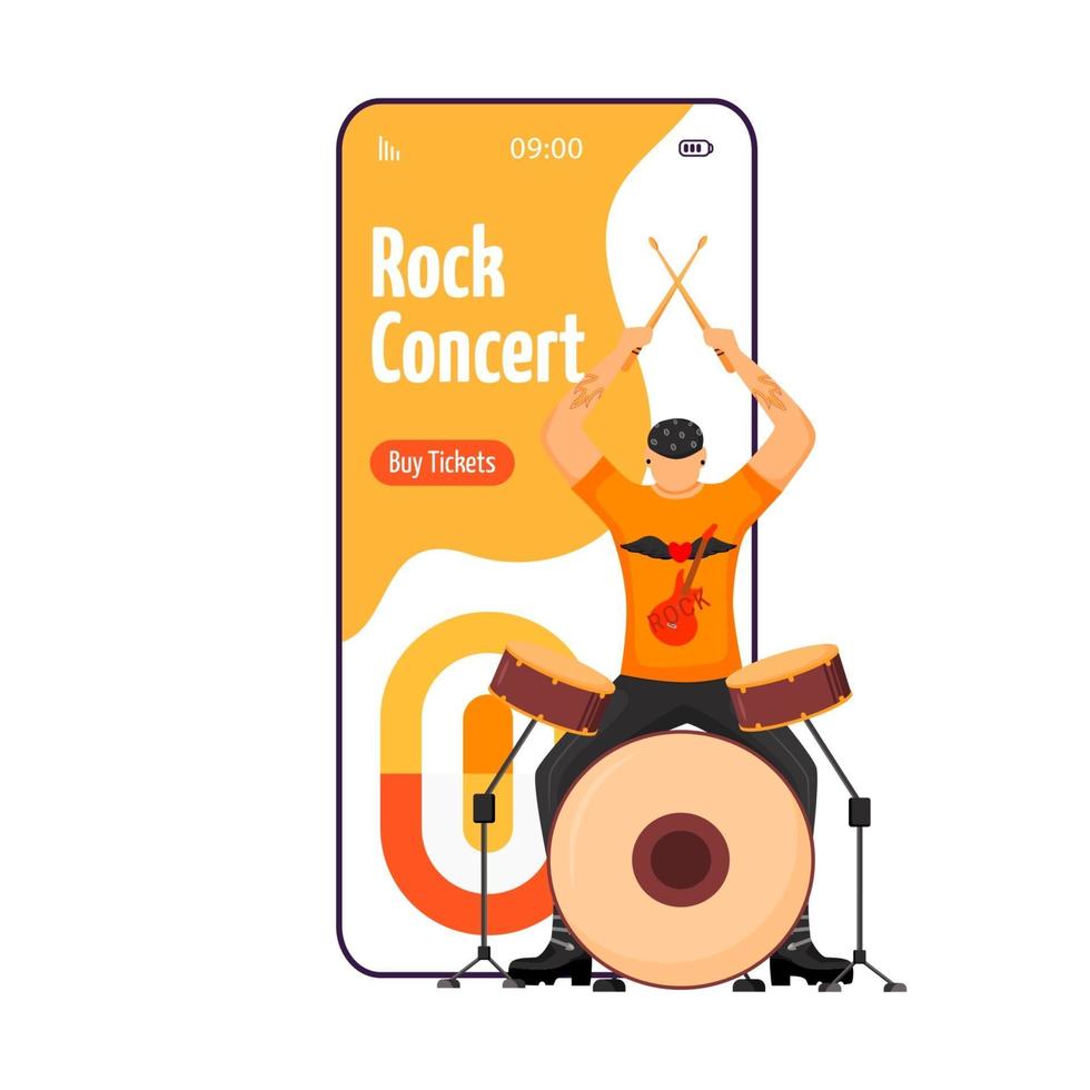 rockconcert cartoon smartphone vector app scherm. trommelaar. musicus. optreden. feest, evenement. display voor mobiele telefoons met mockup voor platte karakters. applicatie telefoon leuke interface