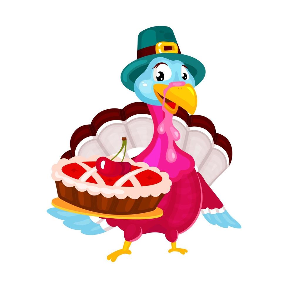 thanksgiving day platte vectorillustratie. kalkoen met traditionele hoed. herfst jaarlijkse vakantie viering. Pelgrims kalkoen met kersentaart geïsoleerd stripfiguur op witte achtergrond vector