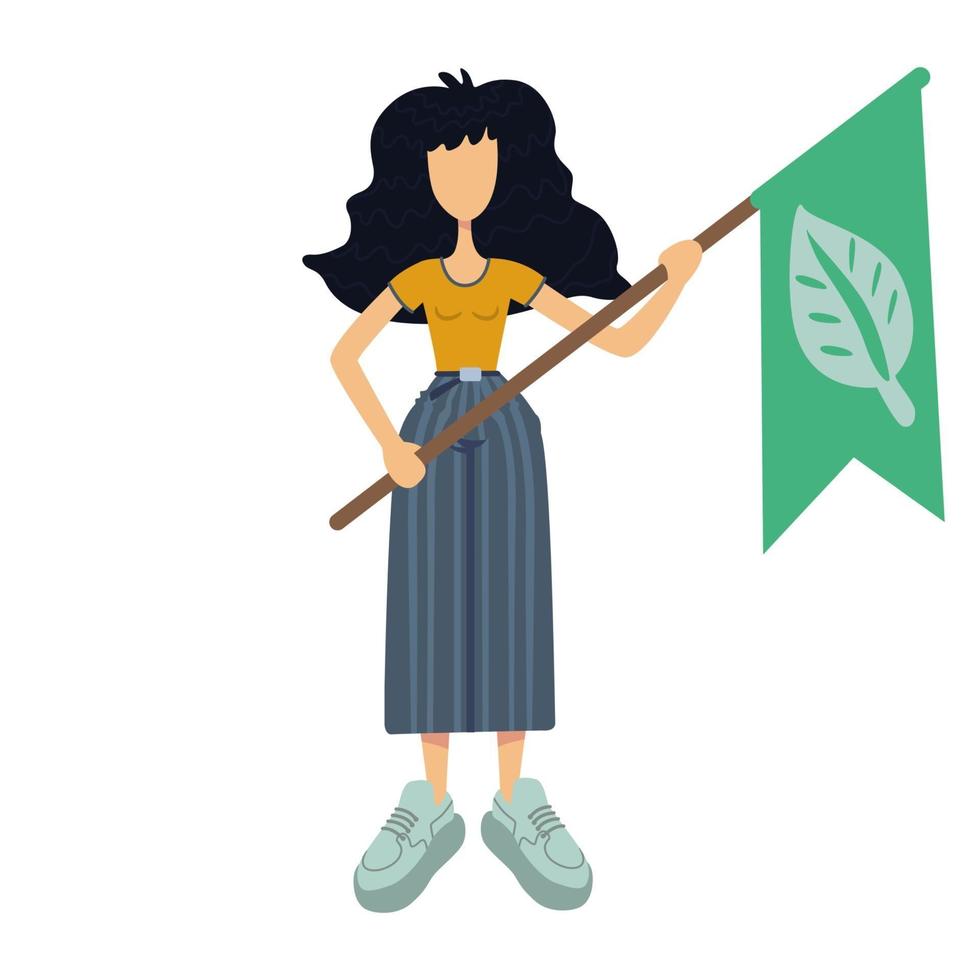 nul afval platte cartoon vectorillustratie. staande vrouw houdt groene vlag, blad. milieubescherming. klaar om 2D-tekensjabloon te gebruiken voor commercieel, drukontwerp. geïsoleerde stripheld vector