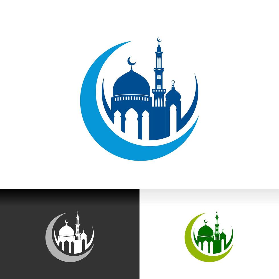 moskee pictogram silhouet logo vector ontwerp geïsoleerd op wassende maan illustratie