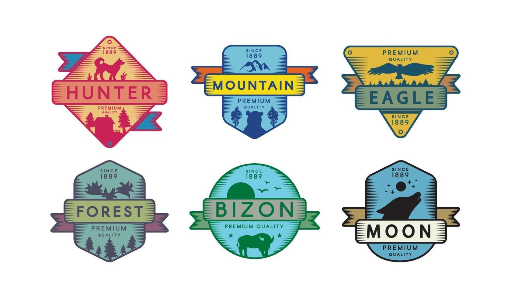 dieren badges set, hond, bizon, hert, beer, adelaar en wolf vector