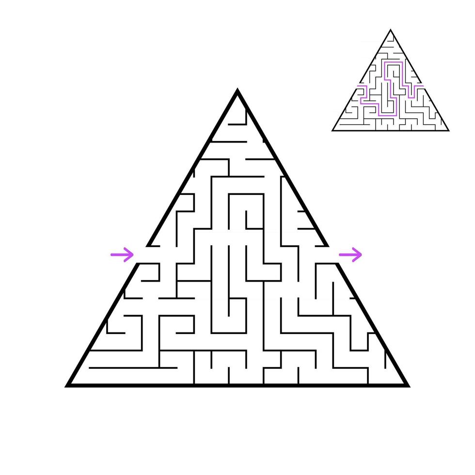 een driehoekig labyrint, een piramide met een zwarte streep. een spel voor kinderen. eenvoudige platte vectorillustratie geïsoleerd op een witte achtergrond. met het antwoord. vector