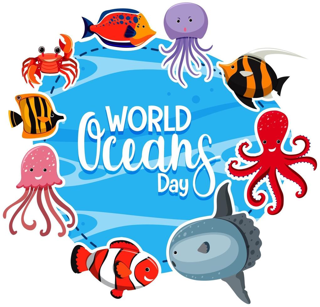 world ocean day banner met veel verschillende zeedieren vector