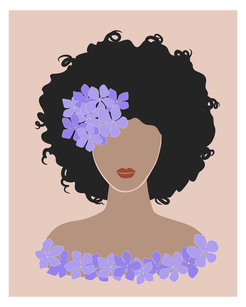 schattige zwarte jonge vrouw met krullend haar en paarse hortensia bloem. brunette meisje afro kapsel pastel kleur portret. trending boho wall art fashion print poster. voorraad vectorillustratie. vector
