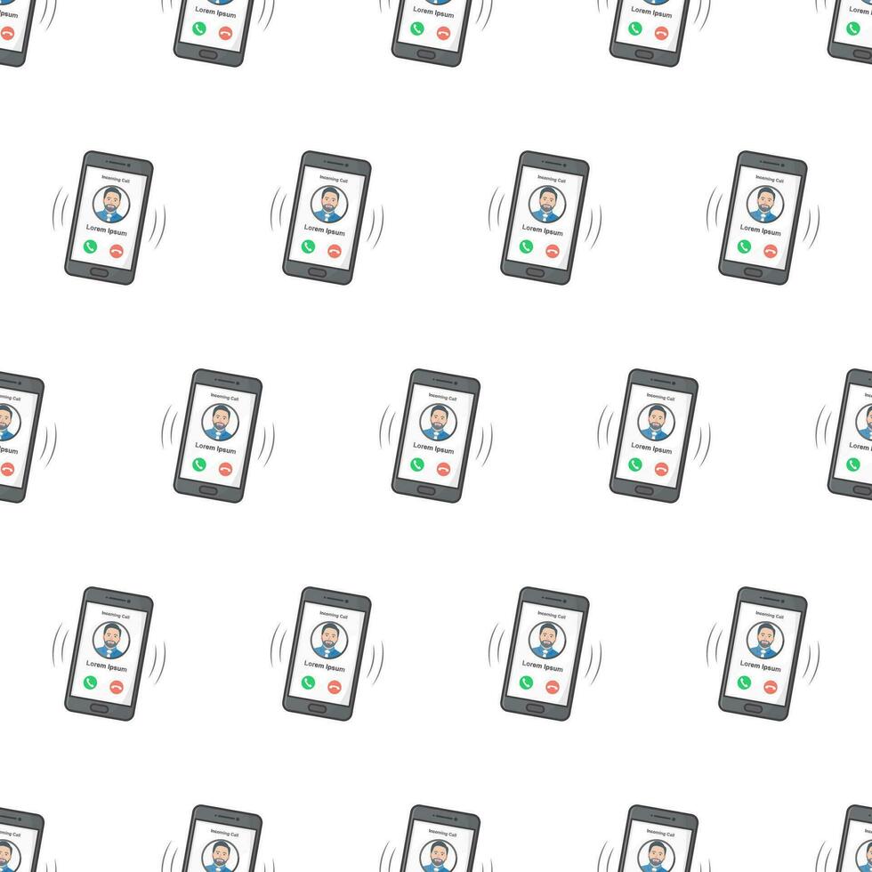 smartphone met inkomend telefoontje naadloos patroon Aan een wit achtergrond. telefoon telefoontje thema vector illustratie