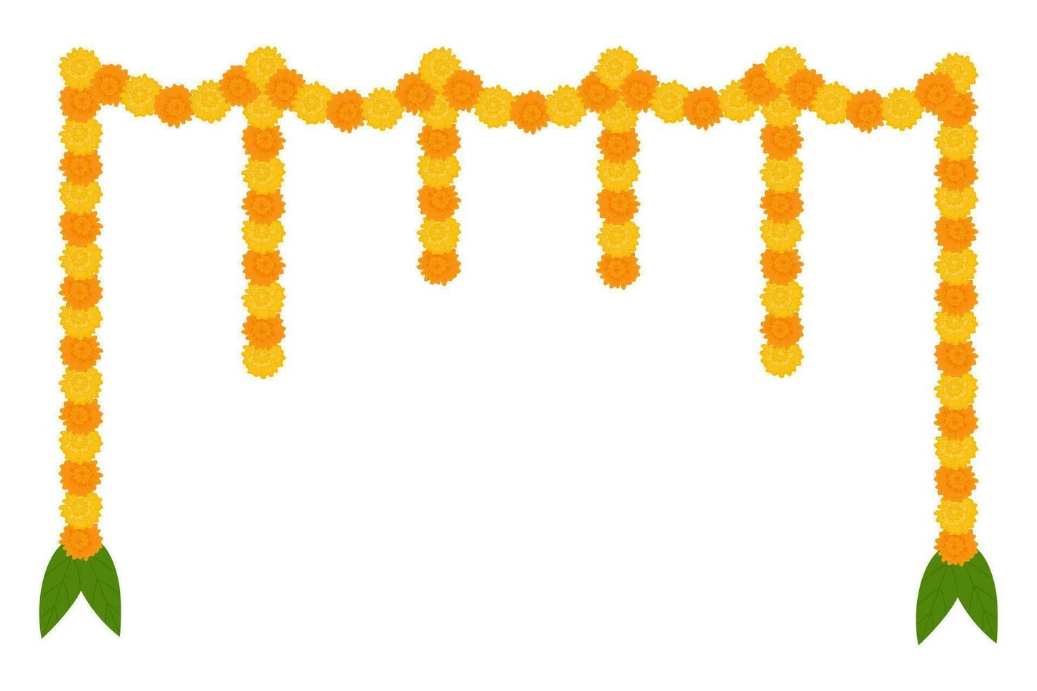 traditioneel Indisch bloem slinger met goudsbloem bloemen en mango bladeren. decoratie voor Indisch Hindoe vakantie. vector illustratie geïsoleerd Aan wit achtergrond.