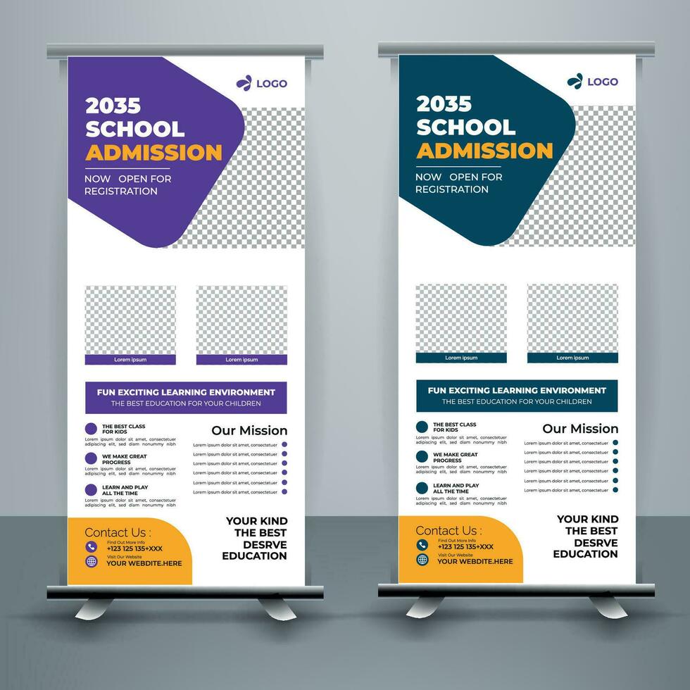 modern en creatief school- toelating rollen omhoog banier sjabloon premie vector, school- toelating rollen omhoog banier ontwerp voor school, middelbare school, Universiteit, en coaching centrum. vector