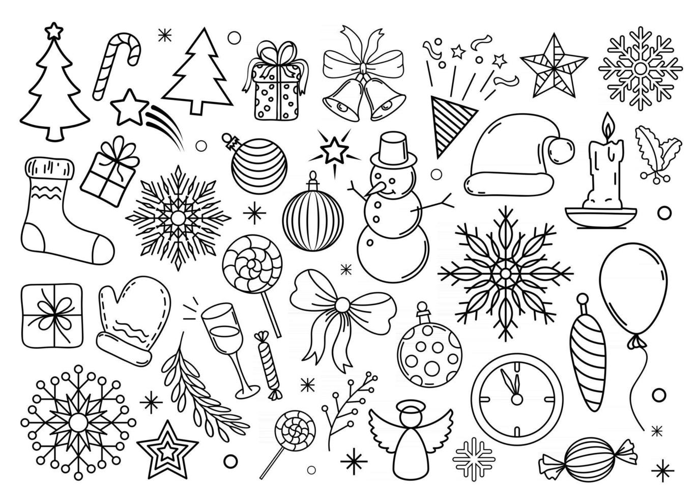 kerst set. verzameling van zwarte omtrek kerst decoratieve ontwerpelementen geïsoleerd op een witte achtergrond vector