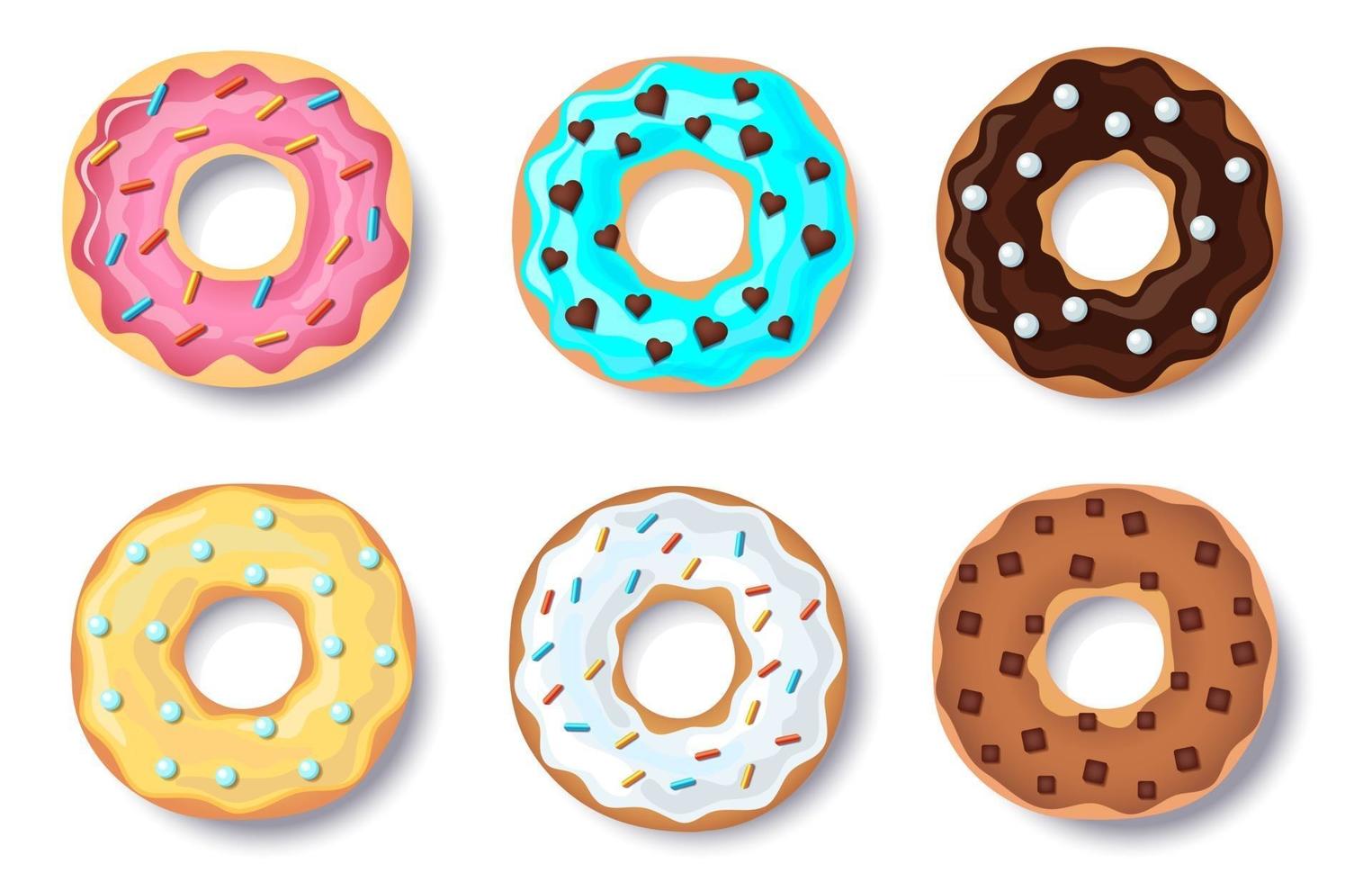 Donut vector set, verzameling van kleurrijke donut taarten, met karamel en chocolade topping en kleurrijke snoep, geïsoleerd op een witte achtergrond met schaduw