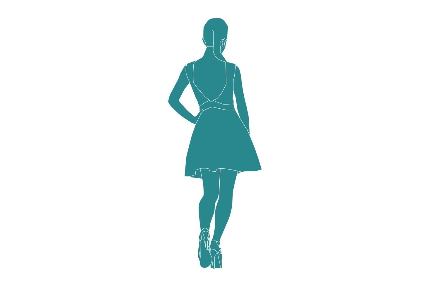 vectorillustratie van elegante vrouw poseren ziet er van achteren uit, vlakke stijl met omtrek vector