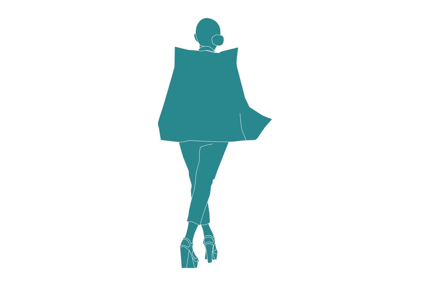 vectorillustratie van modieuze vrouw lopen op de catwalk, vlakke stijl met outline vector