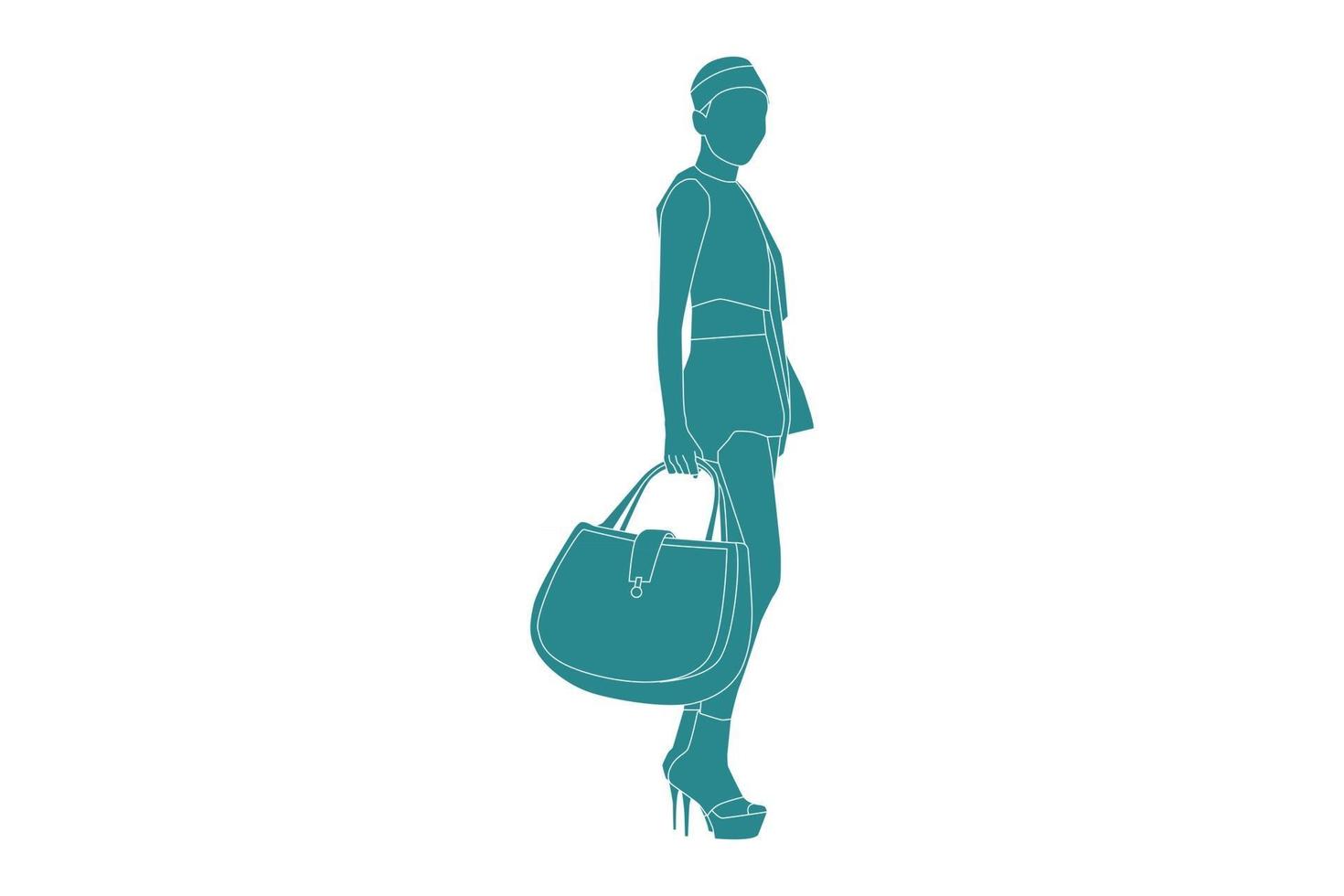 vectorillustratie van modieuze vrouw poseren met tas, vlakke stijl met outline vector