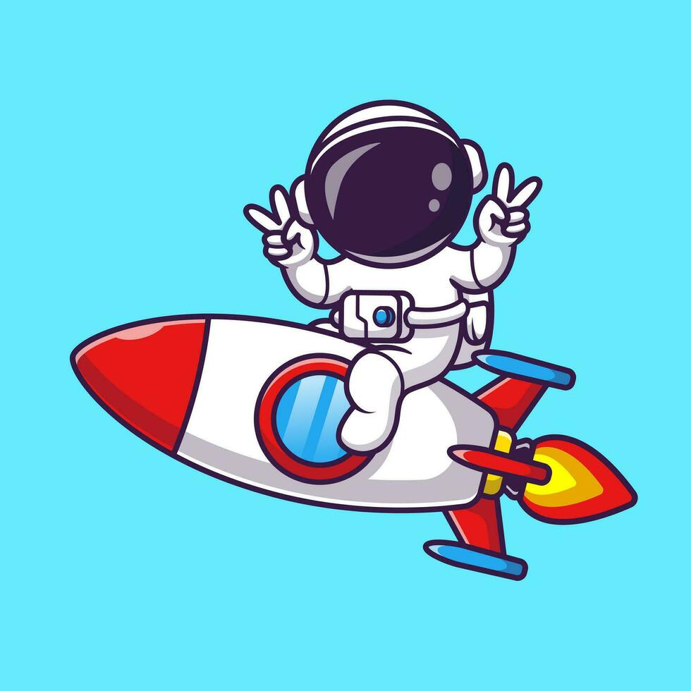 astronaut rijden raket met vrede hand- tekenfilm vector icoon illustratie. wetenschap technologie icoon concept geïsoleerd premie vector. vlak tekenfilm stijl