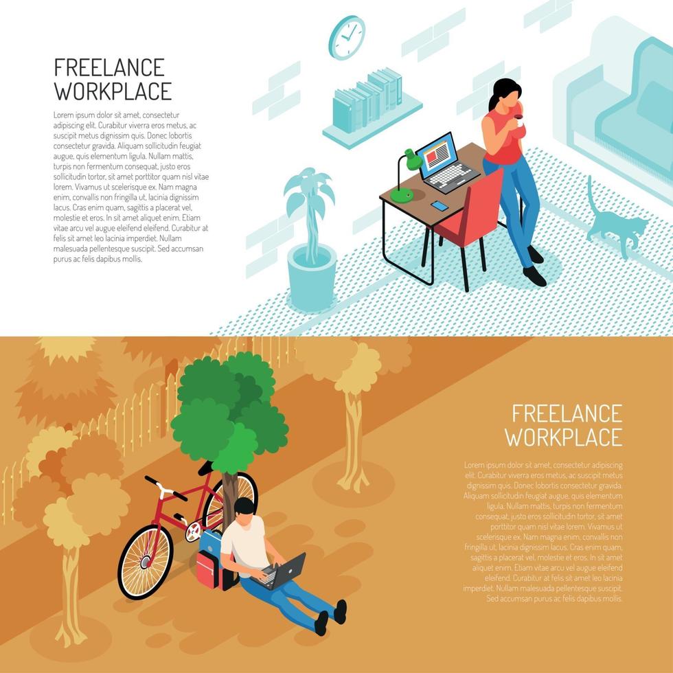 freelance werkplek horizontale banners vector illustratie