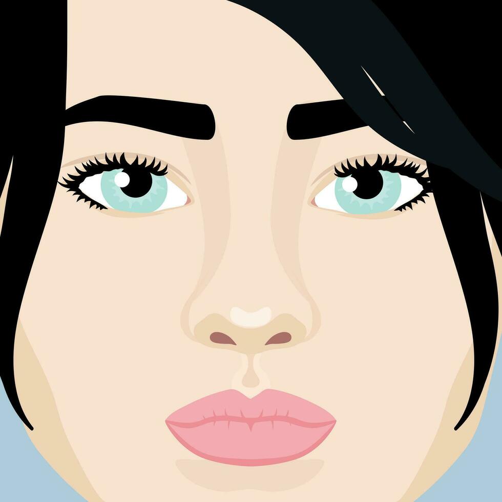 mooi brunette meisjes gezicht dichtbij omhoog. vrouw met zwart haar- en blauw ogen. vector illustratie