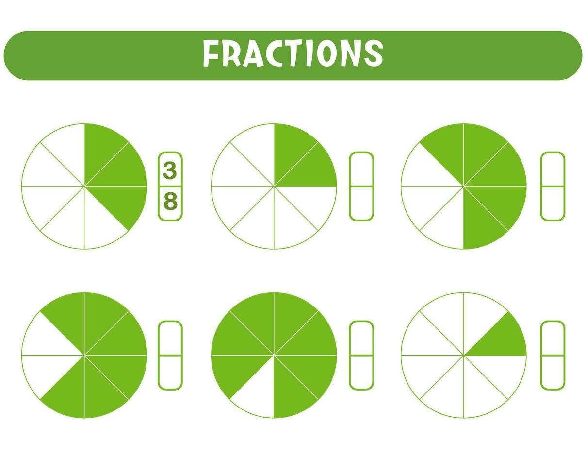 leerzaam spel voor kinderen, wiskunde fractie werkblad. vector